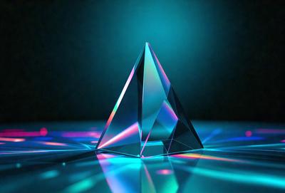 The primary subject of the image is a large, colorful, three-sided crystal structure. The setting is a dark blue background, which contrasts with the vibrant colors of the crystal. The visual style is a combination of photo and digital art, creating a unique and eye-catching image. The dominant colors are blue, purple, and pink, giving the scene a lively and energetic atmosphere.