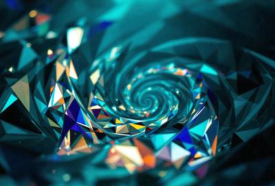 The primary subject of the image is a spiral pattern made up of various colored crystals. The setting is a blue background, which creates a contrasting and visually appealing effect. The visual style is a combination of digital art and illustration, as the spiral pattern is created using a combination of colors and shapes. The overall atmosphere is vibrant and dynamic, with the spiral pattern capturing the viewer's attention.