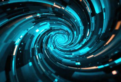 The primary subject of the image is a spiral-shaped blue object, which appears to be a digital art or illustration. The setting is a dark blue background, and the visual style is a combination of digital art and illustration. The colors and mood of the image are predominantly blue, creating a calm and serene atmosphere.