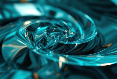The primary subject of the image is a blue spiral pattern, which appears to be a glass sculpture or a piece of art. The setting is a dark blue background, which contrasts with the blue spiral pattern. The visual style is a combination of digital art and illustration, creating a unique and captivating design. The colors and mood of the image are predominantly blue, giving it a calm and serene atmosphere.