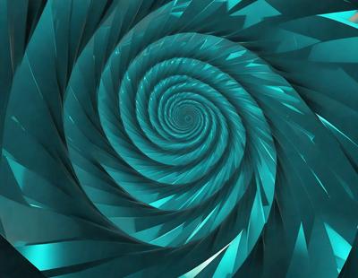 The primary subject of the image is a spiral pattern, which is a blue and white design. The setting is a blue background, and the visual style appears to be a digital art or illustration. The colors and mood of the image are predominantly blue and white, creating a sense of calmness and elegance.