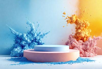 The primary subject of the image is a blue and pink circle, which is the main object, scene, or focus of the image. The setting/background features a blue and pink color scheme, creating a vibrant and lively atmosphere. The visual style of the image is digital art, as it is a computer-generated or digitally created piece. The colors and mood of the image are predominantly blue and pink, giving it a cheerful and uplifting appearance.