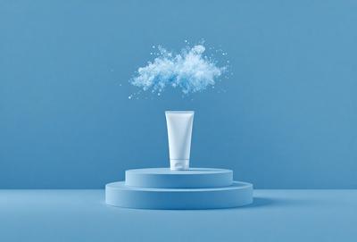 The primary subject of the image is a bottle of lotion, which is placed on a blue surface. The bottle is white and appears to be the main focus of the image. The setting is a blue background, which adds to the overall atmosphere of the scene. The visual style of the image is a close-up of the bottle, showcasing its details. The colors and mood of the image are predominantly blue, creating a calm and serene atmosphere.