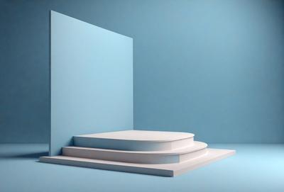 The primary subject of the image is a white staircase, which is the main object in the scene. The staircase is set against a blue background, giving the image a clean and modern visual style. The colors and mood of the image are predominantly blue and white, creating a calm and serene atmosphere.