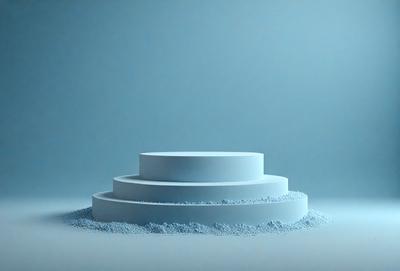 The primary subject of the image is a white cake, which is placed on a blue surface. The cake is positioned on a tiered stand, giving it an elegant and sophisticated appearance. The setting appears to be a modern and stylish environment, with the blue surface providing a contrasting backdrop to the cake. The visual style of the image is a combination of photo and digital art, creating a unique and appealing presentation. The colors and mood of the image are predominantly blue and white, giving