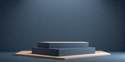 The primary subject of the image is a blue wall with a wooden platform on top of it. The setting is a room with a blue background, and the visual style is a photo. The dominant colors are blue and white, creating a calm and serene atmosphere.