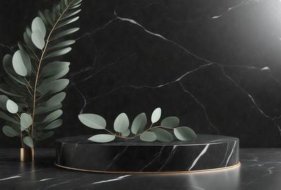 The primary subject of the image is a decorative arrangement of green leaves and branches, which are placed on a black marble surface. The setting is a dark room, and the visual style appears to be a photo. The dominant colors are black and green, creating a moody and elegant atmosphere.