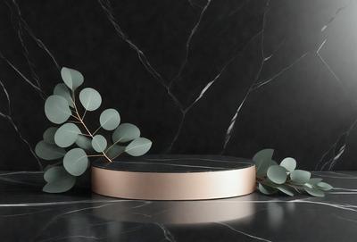 The primary subject of the image is a decorative piece made of metal, which is placed on a black marble countertop. The setting is a dark room, and the visual style is a close-up of the metal piece. The colors and mood of the image are predominantly dark, with the black marble countertop and the metal piece being the main focus.