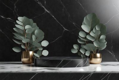 The primary subject of the image is a table with two gold vases on it. The table is placed in front of a black marble wall, which serves as the setting for the scene. The visual style of the image is a photo, capturing the details of the table and vases. The colors and mood of the image are predominantly black and white, giving it a classic and elegant appearance.
