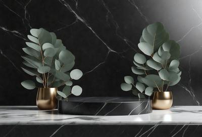 The primary subject of the image is a table with two gold vases on it. The table is placed in front of a black marble wall, which serves as the setting for the scene. The visual style of the image is a photo, capturing the details of the table and vases. The colors and mood of the image are predominantly black and white, giving it a classic and elegant appearance.