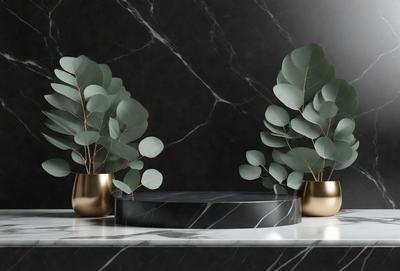 The primary subject of the image is a table with two gold vases on it. The table is black and has a marble top. The vases are filled with green leaves, creating a visually appealing and natural atmosphere. The setting appears to be indoors, possibly in a living room or a dining area. The visual style of the image is a close-up, focusing on the table and the vases. The colors and mood of the image are predominantly black and green, giving it a soph