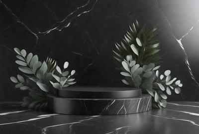 The primary subject of the image is a black marble table with a bowl on top of it. The table is surrounded by green leaves, creating a visually appealing and natural atmosphere. The setting is a black background, which contrasts with the marble table and the green leaves, emphasizing the main object. The visual style of the image is a combination of photo and digital art, as it appears to be a photograph with a touch of digital manipulation. The colors and mood of the image are predominantly black and green