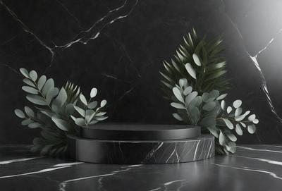 The primary subject of the image is a black marble table with a bowl on top of it. The table is surrounded by green leaves, creating a visually appealing and natural atmosphere. The setting is a black background, which contrasts with the marble table and the green leaves, emphasizing the main object. The visual style of the image is a close-up, focusing on the details of the marble table and the green leaves. The colors and mood of the image are predominantly black and green, giving it