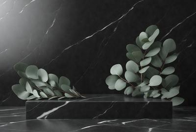 The primary subject of the image is a pair of green leaves, which are displayed on a black marble countertop. The leaves are arranged in a way that they appear to be growing out of the countertop. The setting is a black marble countertop, which serves as the background for the leaves. The visual style of the image is a close-up of the leaves, showcasing their details and texture. The colors in the image are predominantly black and green, giving the scene a modern and sophisticated atmosphere.