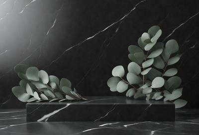 The primary subject of the image is a pair of green leaves, which are displayed on a black marble countertop. The leaves are arranged in a way that they appear to be growing out of the countertop. The setting is a black marble countertop, which serves as the background for the leaves. The visual style of the image is a close-up of the leaves, showcasing their details and texture. The colors and mood of the image are predominantly black and white, giving it a modern and minimalist appearance.