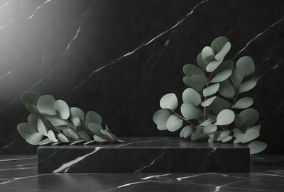 The primary subject of the image is a pair of green leaves, which are displayed on a black marble countertop. The leaves are arranged in a way that they appear to be growing out of the countertop. The setting is a black marble countertop, which serves as the background for the leaves. The visual style of the image is a close-up of the leaves, showcasing their details and texture. The colors in the image are predominantly black and green, giving the scene a modern and sophisticated atmosphere.