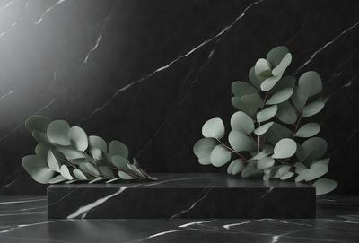 The primary subject of the image is a pair of green leaves, which are displayed on a black marble countertop. The leaves are arranged in a way that they appear to be growing out of the countertop. The setting is a black marble countertop, which serves as the background for the leaves. The visual style of the image is a close-up of the leaves, showcasing their details and texture. The colors and mood of the image are predominantly black and white, giving it a modern and minimalist appearance.