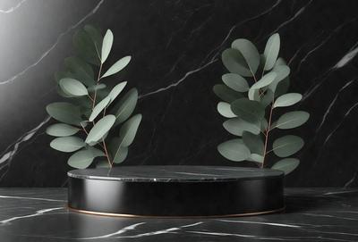 The primary subject of the image is a black circular table with two green leaves on top of it. The leaves are placed on either side of the table, creating a visually appealing centerpiece. The setting is a black marble table, which adds a touch of elegance to the scene. The visual style of the image is a close-up, allowing the viewer to appreciate the details of the leaves and the table. The colors and mood of the image are predominantly black and green, giving it a sophistic