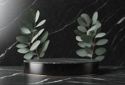 The primary subject of the image is a black circular table with two green leaves on top of it. The leaves are placed on either side of the table, creating a visually appealing and natural decoration. The setting is a black marble table, which adds a touch of elegance to the scene. The visual style of the image is a close-up of the table with the leaves, emphasizing the details of the decoration. The colors and mood of the image are predominantly black and green, giving it a soph