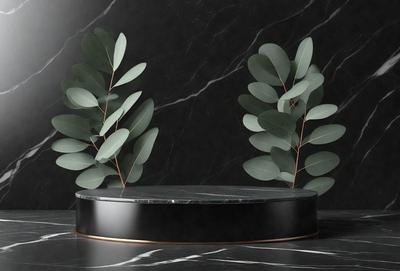 The primary subject of the image is a black circular table with two green leaves on top of it. The leaves are placed on either side of the table, creating a visually appealing centerpiece. The setting is a black marble table, which adds a touch of elegance to the scene. The visual style of the image is a close-up, allowing the viewer to appreciate the details of the leaves and the table. The colors and mood of the image are predominantly black and green, giving it a sophistic