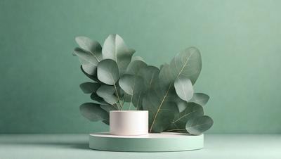 The primary subject of the image is a white vase with green leaves in it, placed on a green table. The setting is a room with a green background, and the visual style is a photo. The colors and mood of the image are predominantly green, creating a calm and natural atmosphere.