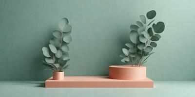 The primary subject of the image is a pair of potted plants, each containing a leafy plant. The plants are placed on a pink surface, which could be a table or a shelf. The setting appears to be indoors, with a green wall in the background. The visual style of the image is a close-up of the plants, showcasing their details and textures. The colors in the image are predominantly green and pink, creating a calm and inviting atmosphere.