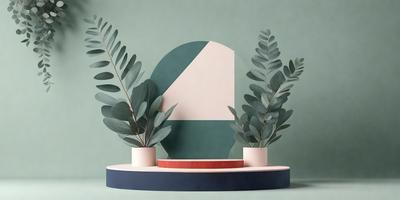 The primary subject of the image is a large green plant with a red and blue background. The plant is placed on a table, and it appears to be a decorative piece. The setting is a room with a green background, which adds to the overall atmosphere of the image. The visual style is a combination of a photo and digital art, creating a unique and eye-catching display. The colors and mood of the image are vibrant and lively, with the green plant and red and blue background creating a sense of freshness