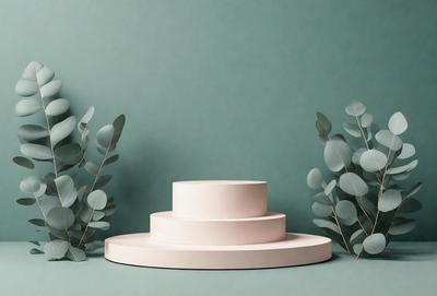 The primary subject of the image is a three-layered cake, which is placed on a table. The cake is white and pink in color, and it is surrounded by green leaves, giving the scene a fresh and natural atmosphere. The setting appears to be indoors, with a blue wall in the background. The visual style of the image is a close-up, focusing on the cake and its surroundings. The colors and mood of the image are predominantly calm and inviting, with the