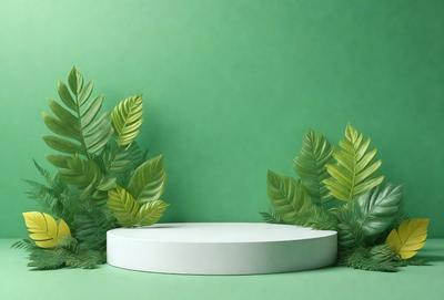 The primary subject of the image is a white round object, possibly a table or a stool, placed on a green background. The setting appears to be a lush green environment, possibly a forest or a garden. The visual style of the image is a combination of photo and digital art, creating a realistic yet artistic representation of the scene. The colors and mood of the image are predominantly green, with a sense of freshness and natural beauty.