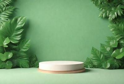 The primary subject of the image is a white plate placed on a green background. The setting appears to be a tropical or jungle-like environment, with a large green wall and a few leaves in the foreground. The visual style of the image is a combination of photo and digital art, creating a unique and vibrant atmosphere. The colors and mood of the image are predominantly green, with the white plate adding a touch of contrast and simplicity to the scene.