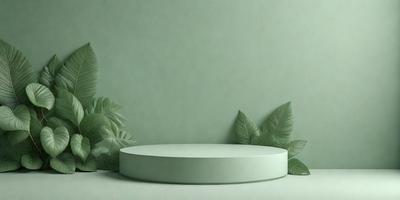 The primary subject of the image is a white, round, and flat object, possibly a table or a piece of art, placed on a green wall. The setting is a room with a green wall, and the visual style appears to be a combination of photo and digital art. The colors in the image are predominantly green and white, creating a calm and serene atmosphere.