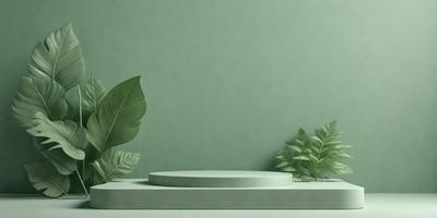 The primary subject of the image is a white round plate placed on a white table. The setting is a green wall, which serves as the background. The visual style is a photo, capturing the details of the plate and the table. The colors and mood of the image are predominantly green, creating a calm and serene atmosphere.