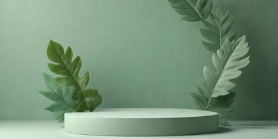 The primary subject of the image is a white table with a green leafy plant on top of it. The setting is a green wall, which serves as the background. The visual style is a photo, capturing the natural beauty of the plant and the table. The colors and mood of the image are predominantly green, creating a serene and calming atmosphere.
