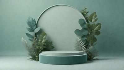 The primary subject of the image is a white, circular object, possibly a stool or a piece of furniture, placed on a blue surface. The setting is a room with a green backdrop, featuring a large mirror and a potted plant. The visual style is a combination of photo and digital art, creating a unique and artistic atmosphere. The colors are predominantly blue and green, giving the scene a calm and serene mood.