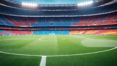 The image features a soccer field with a green grass surface. The field is empty, and there are no players or spectators visible. The field is well-maintained, and the grass appears to be well-trimmed. The setting is a stadium, and the visual style is a photo. The colors and mood of the image are calm and serene, as the field is devoid of any activity.