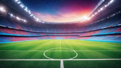 The primary subject of the image is a soccer field with a green grass surface. The field is located in a stadium, which is the setting for the background. The visual style of the image is a digital art, illustration, or drawing, creating a vibrant and lively atmosphere. The colors and mood of the image are predominantly green, representing the grassy field, and blue, which is often associated with sports and stadiums.
