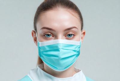 The primary subject of the image is a woman wearing a blue face mask. She is looking directly at the camera, with her eyes wide open. The setting is a white background, which provides a clean and simple backdrop for the woman's face. The visual style is a close-up portrait, capturing the woman's facial expression and the mask she is wearing. The colors in the image are predominantly blue, which adds a sense of calmness and professionalism to the scene.
