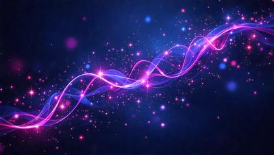 The primary subject of the image is a brightly colored, swirling, and pinkish-purple light pattern. The setting is a dark background, which contrasts with the vibrant colors of the light pattern. The visual style appears to be a digital art or illustration, as the light pattern is composed of multiple colors and shapes. The overall atmosphere is lively and energetic, with the light pattern resembling a swirling, flowing motion.