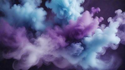 The primary subject of the image is a purple and blue smoke, which appears to be a digital art or illustration. The smoke is swirling and billowing, creating a dynamic and visually appealing scene. The setting is a dark background, which contrasts with the vibrant colors of the smoke. The visual style of the image is artistic and creative, showcasing the artist's skill in capturing the movement and beauty of the smoke. The colors and mood of the image are energetic