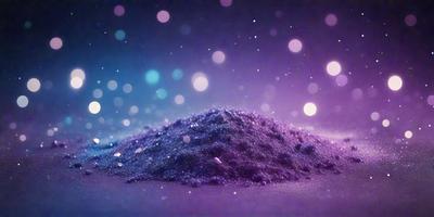 The primary subject of the image is a pile of purple glitter. The setting is a purple background, which creates a visually striking contrast with the glitter. The visual style is a close-up of the glitter, showcasing its texture and color. The colors and mood of the image are predominantly purple, giving it a vibrant and lively atmosphere.