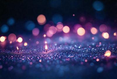 The primary subject of the image is a small, lit-up object, possibly a firefly or a lighted decoration, placed in a dark, blue-toned environment. The setting appears to be a nighttime scene with a starry background, giving the image a serene and magical atmosphere. The visual style of the image is a combination of photo and digital art, creating a unique and captivating scene. The colors and mood of the image are predominantly dark and moody, with the lit-up object
