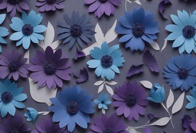 The primary subject of the image is a collection of blue and purple flowers. These flowers are arranged in a pattern, creating a visually appealing and cohesive design. The setting is a wall, and the visual style is a combination of digital art and illustration. The dominant colors in the image are blue and purple, giving the scene a calm and serene atmosphere.