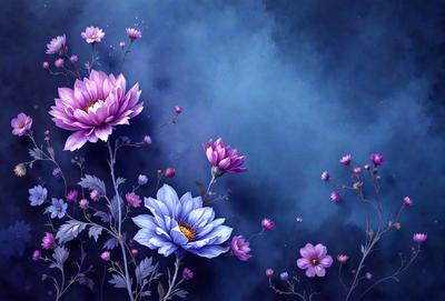 The primary subject of the image is a bouquet of purple flowers, which are the main focus of the scene. The flowers are set against a blue background, creating a visually appealing contrast. The image is a digital artwork, showcasing the artist's skill in capturing the beauty of the flowers. The overall atmosphere of the image is serene and calming, with the purple flowers symbolizing peace and tranquility.