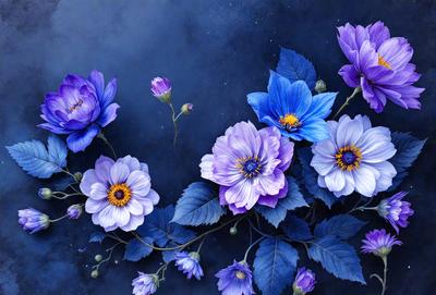 The primary subject of the image is a beautiful bouquet of purple flowers. The flowers are arranged in a vase, creating a visually appealing display. The setting is a dark blue background, which contrasts with the vibrant purple flowers, adding depth and drama to the scene. The visual style of the image is a combination of photo and digital art, resulting in a stunning and realistic representation of the flowers. The colors and mood of the image are predominantly purple, which evokes a sense of