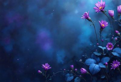 The primary subject of the image is a bouquet of purple flowers, which are the main focus of the scene. The flowers are set against a backdrop of a purple sky, creating a visually striking and serene atmosphere. The visual style of the image is a combination of photo and digital art, with the flowers appearing to be painted or digitally rendered. The dominant colors in the image are purple and blue, which contribute to the overall mood of the scene.