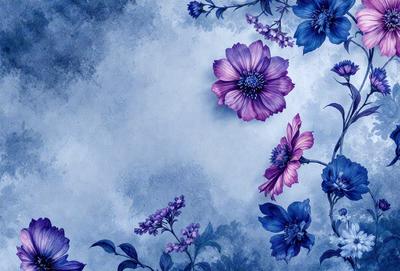 The primary subject of the image is a close-up of a purple flower, which is the main focus of the image. The setting is a blue background, which adds to the overall atmosphere of the image. The visual style is a combination of a photo and digital art, creating a unique and artistic representation of the flower. The dominant colors are purple and blue, which contribute to a calm and serene mood.