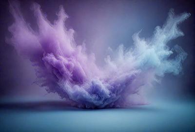 The primary subject of the image is a purple and blue smoke-like substance, which appears to be a digital art or illustration. The setting is a blue background, and the visual style gives the impression of a water-like substance. The colors and mood of the image are predominantly purple and blue, creating a serene and calming atmosphere.