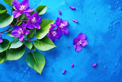 The primary subject of the image is a bouquet of purple flowers, which are arranged in a vase. The flowers are placed on a blue surface, which adds a contrasting and visually appealing element to the scene. The visual style of the image is a photo, capturing the beauty of the flowers and their surroundings. The dominant colors in the image are purple and blue, creating a serene and calming atmosphere.