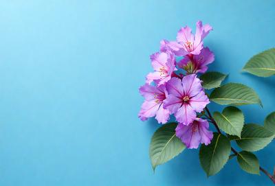 The primary subject of the image is a purple flower with a green stem, which is placed against a blue background. The visual style of the image is a close-up of the flower, showcasing its details. The dominant colors in the image are purple and blue, creating a calm and serene atmosphere.