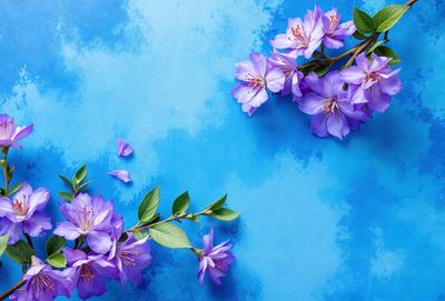 The primary subject of the image is a bouquet of purple flowers. The flowers are arranged in a vase and are placed on a blue surface, which could be a table or a wall. The visual style of the image is a photo, capturing the beauty of the flowers and their surroundings. The colors in the image are predominantly purple, creating a calm and serene atmosphere.